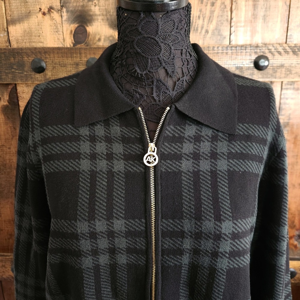 Anne Klein Womens Black Grey Plaid Zip Front Cardigan Sweater‎ Collared Size L